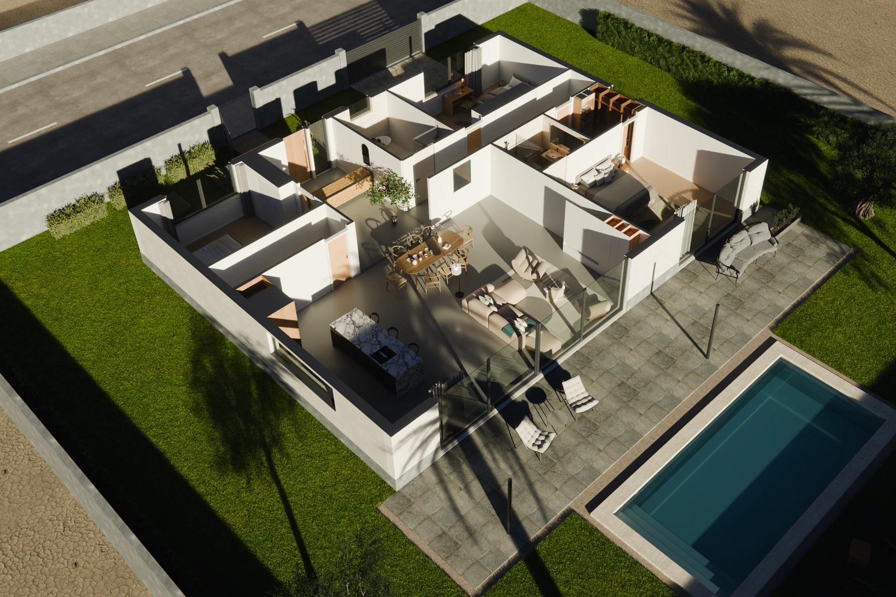 Casa Moderna, render 3D: casa de muñecas vista desde el suroeste, con el salón, la cocina y la piscina.