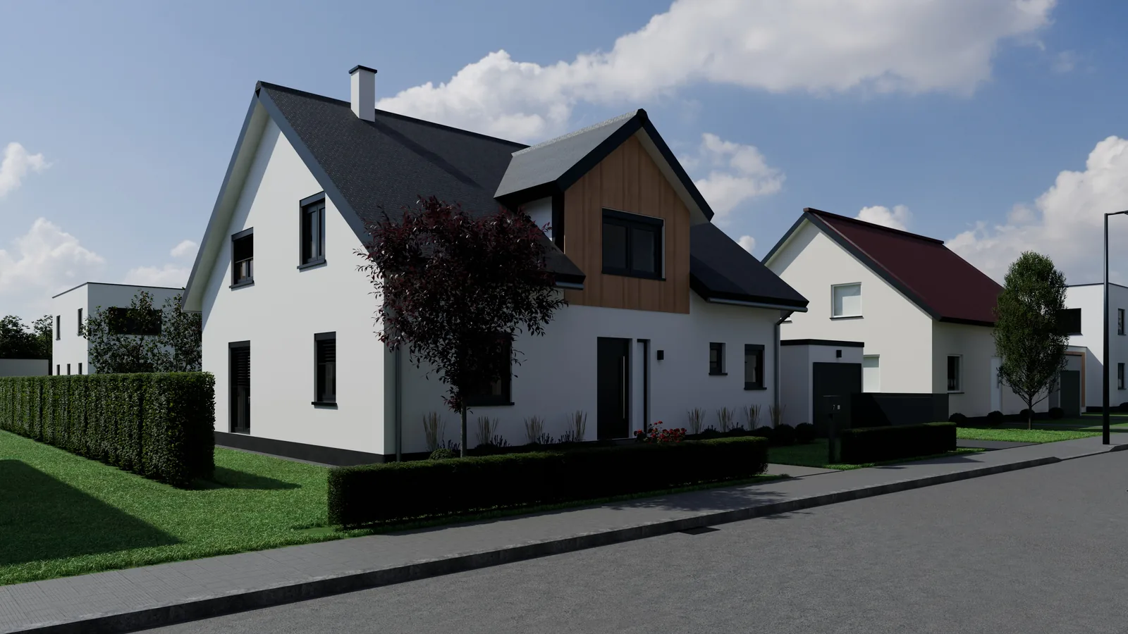 Casa alemana, render 3D: fachada de día de una casa blanca de dos plantas con cubierta oscura a dos aguas, hastial cruzado revestido de madera, setos y garaje.