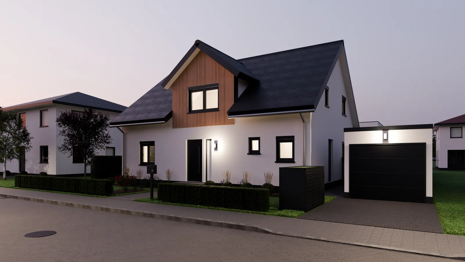 Casa alemana, render 3D: la fachada al anochecer, con las ventanas encendidas, los apliques de la entrada y del garaje.