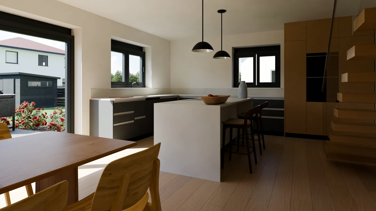 Casa alemana, render 3D: cocina con isla blanca, muebles oscuros, columnas de madera, lámparas colgantes negras y mesa de comedor junto a la salida al jardín.
