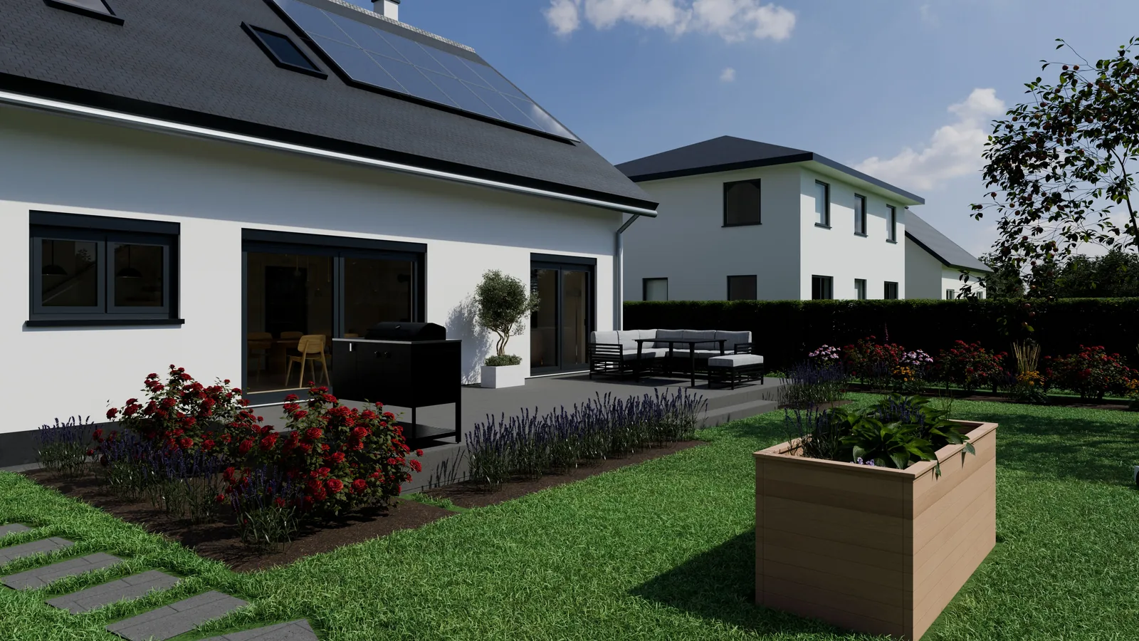 Casa alemana, render 3D: fachada trasera con placas solares en la cubierta, terraza con barbacoa y sofá exterior, rosales, lavanda y seto al fondo.
