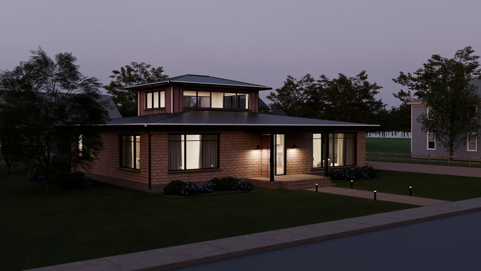 Casa Cedar, render 3D: la fachada al anochecer, con las ventanas encendidas, los apliques de la entrada y las balizas del camino.