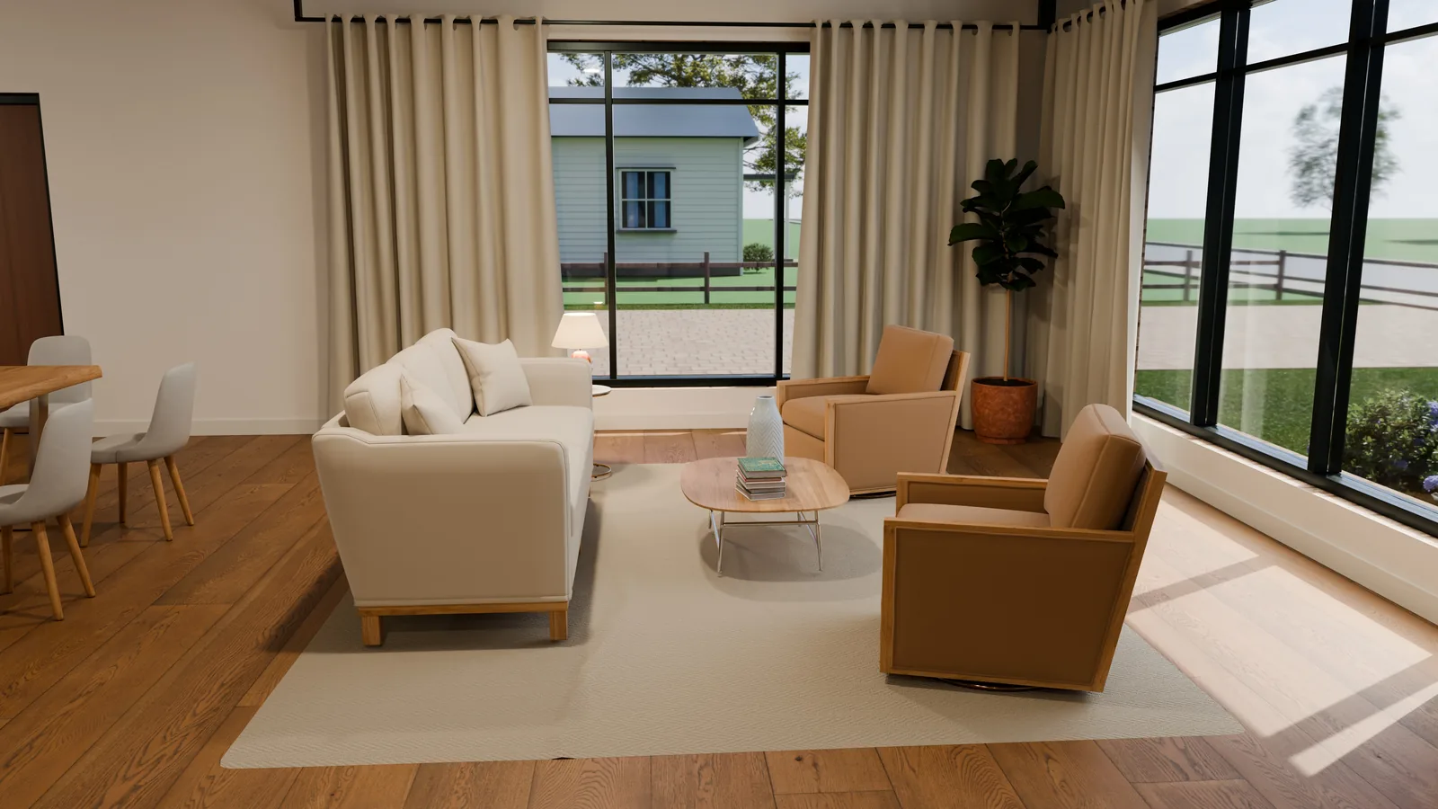 Casa Cedar, render 3D: salón con sofá claro, dos butacas de cuero y madera, mesa baja y ventanales con cortinas de lino.