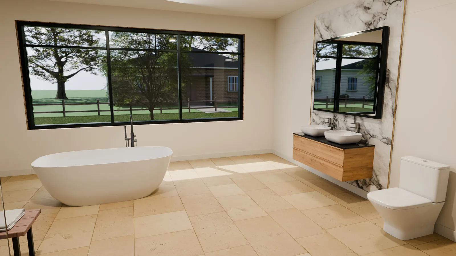 Casa Cedar, render 3D: baño con bañera exenta bajo un gran ventanal, doble lavabo sobre mueble de madera y frente de mármol veteado.
