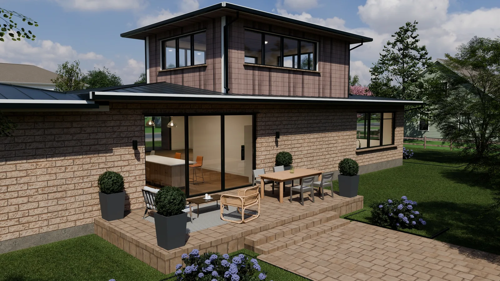 Casa Cedar, render 3D: fachada trasera con terraza elevada de adoquín, mesa de comedor exterior, butacas y maceteros, abierta al jardín.