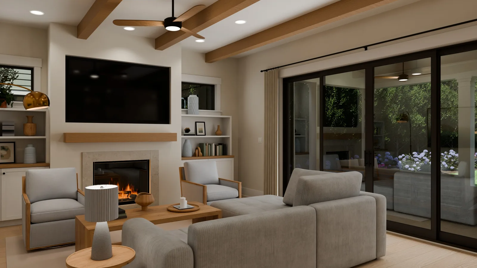 Casa norteamericana, render 3D: great room con vigas de madera, chimenea bajo el televisor, sofá rinconera gris y puertas correderas al porche trasero.