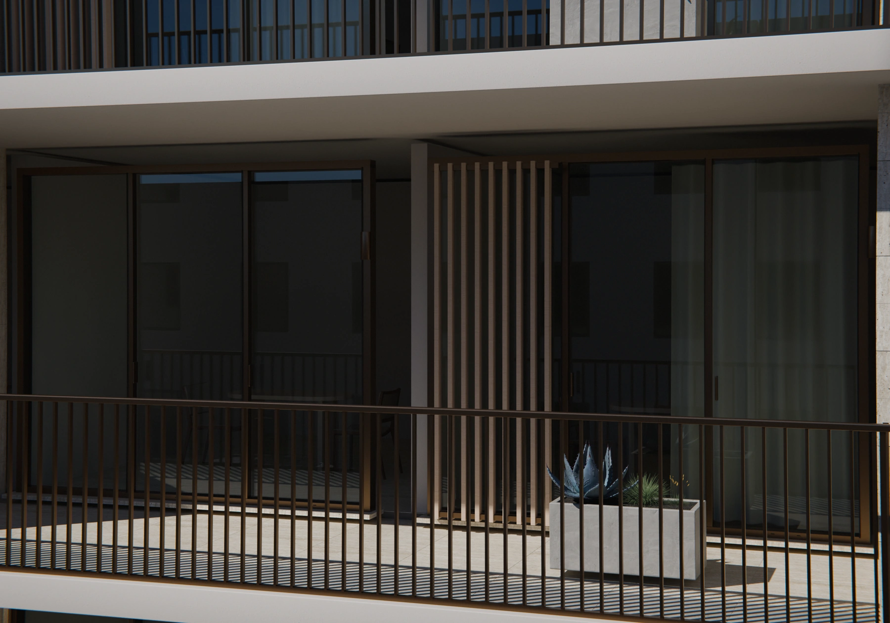 Residencial Duna, render 3D: balcón, barandilla y celosía de madera vistas de cerca.