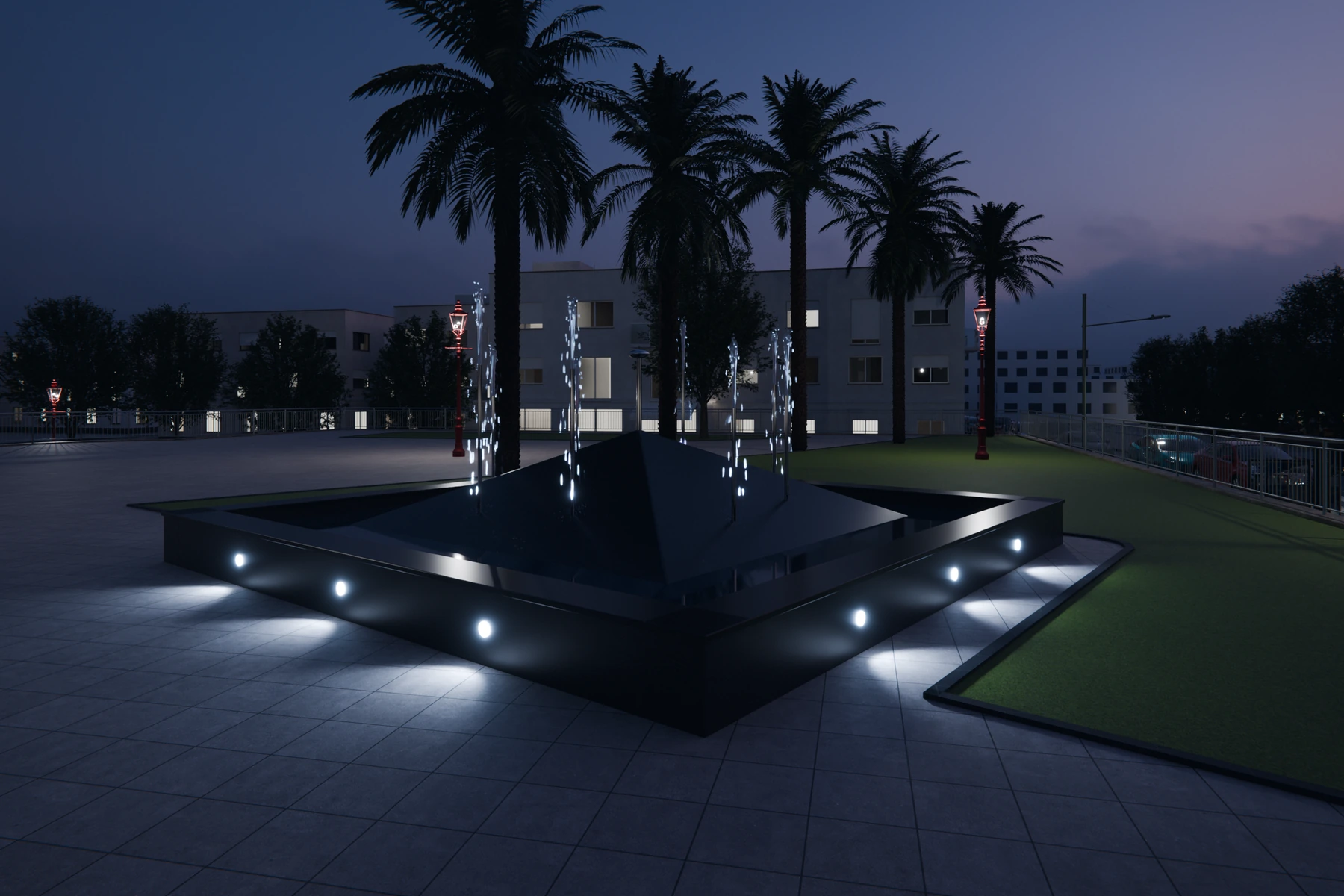 Plaza de la Paz, render 3D al anochecer: la fuente iluminada con luces en el borde, faroles rojos encendidos, palmeras en silueta y ventanas con luz.
